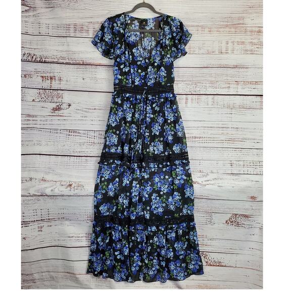 Disney Princess Mulan Cosplay Maxi Dress Blue Floral Ruffle Tier Crochet Flowy M - Picture 2 of 15